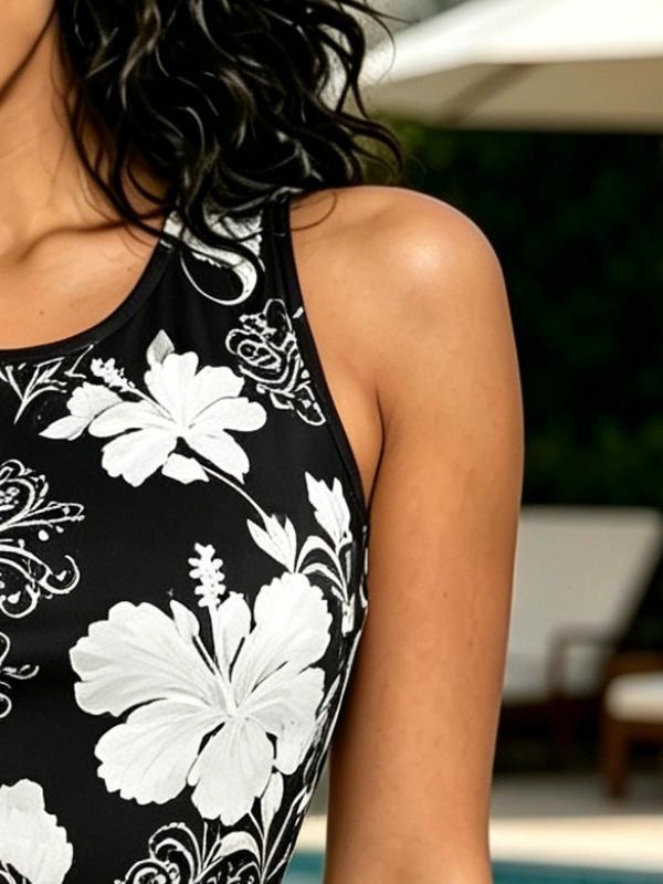 Vibrant Black Base with White Hibiscus Floral Print Bodycon Mini Dress, Form-Fitting Round Neck Summer Beach Dress
