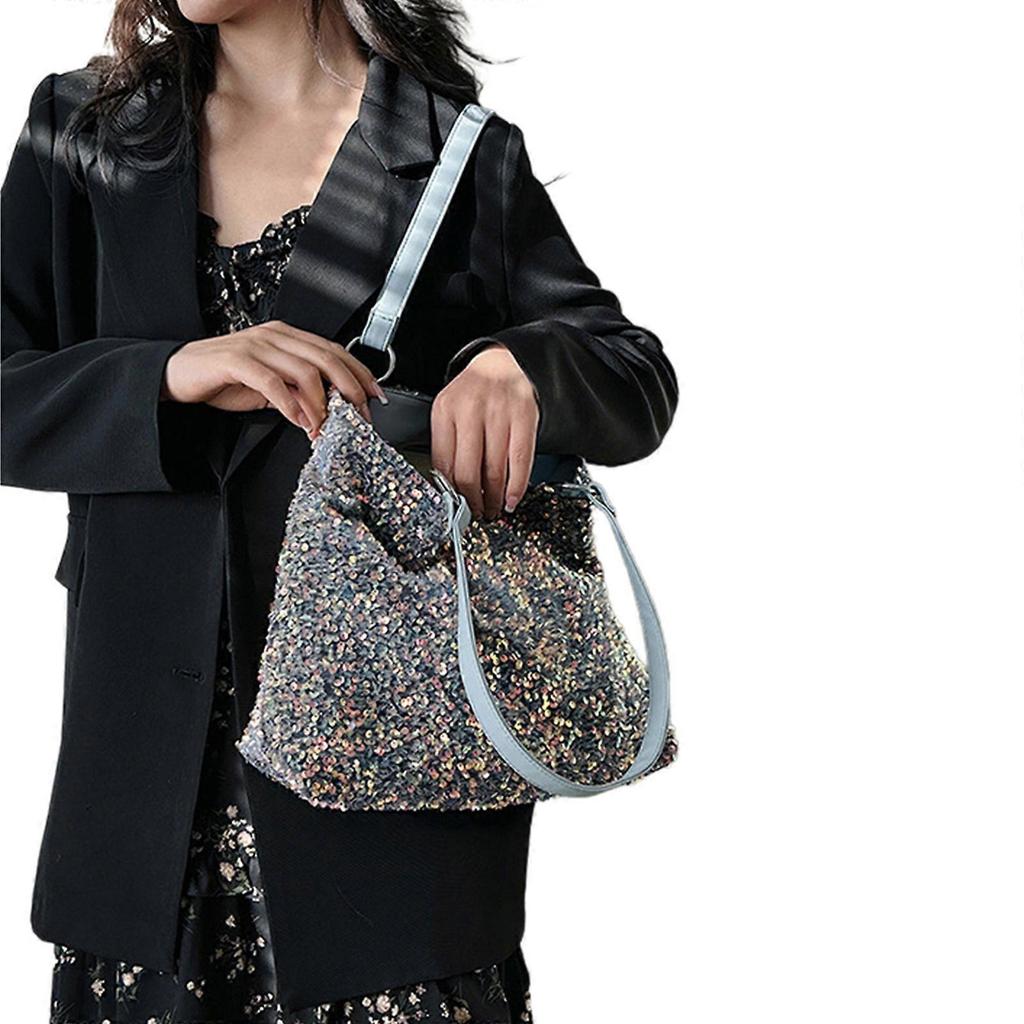 Large Capacity Handbag for Women Girls Sparkling Shoulder Bag Fashion Shopping Dating Bag Glitter Sequins Underarm Bag Blue
