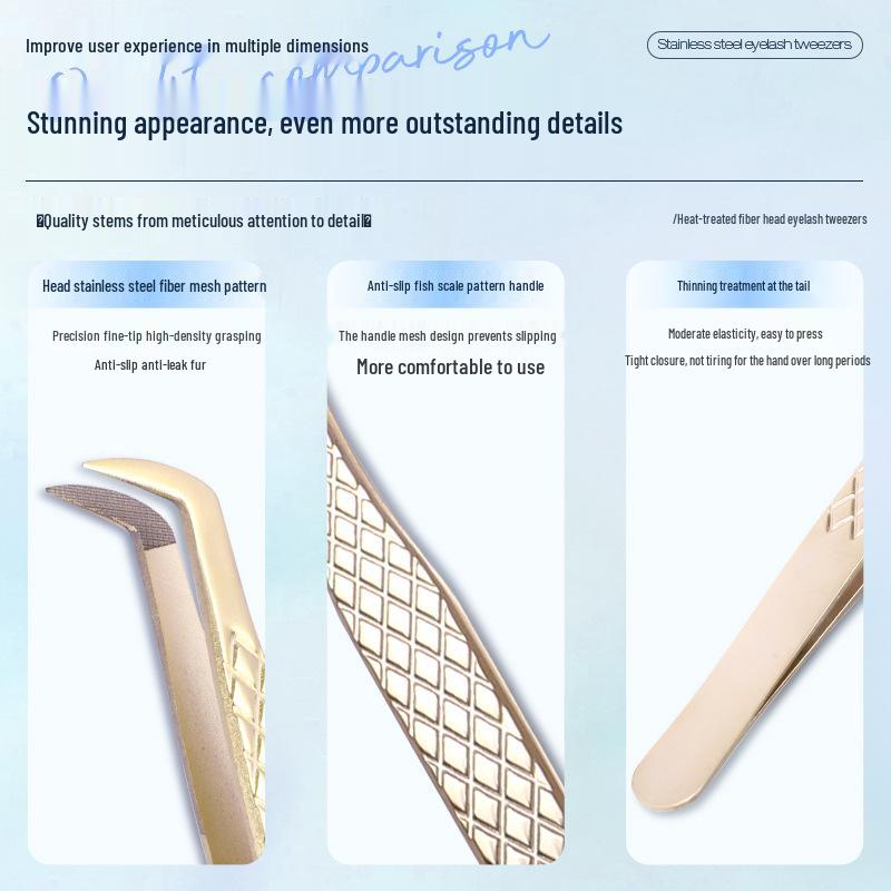 Golden Feather Stainless Steel Lash Tweezers with Net Grip for Precision Eyelash Application