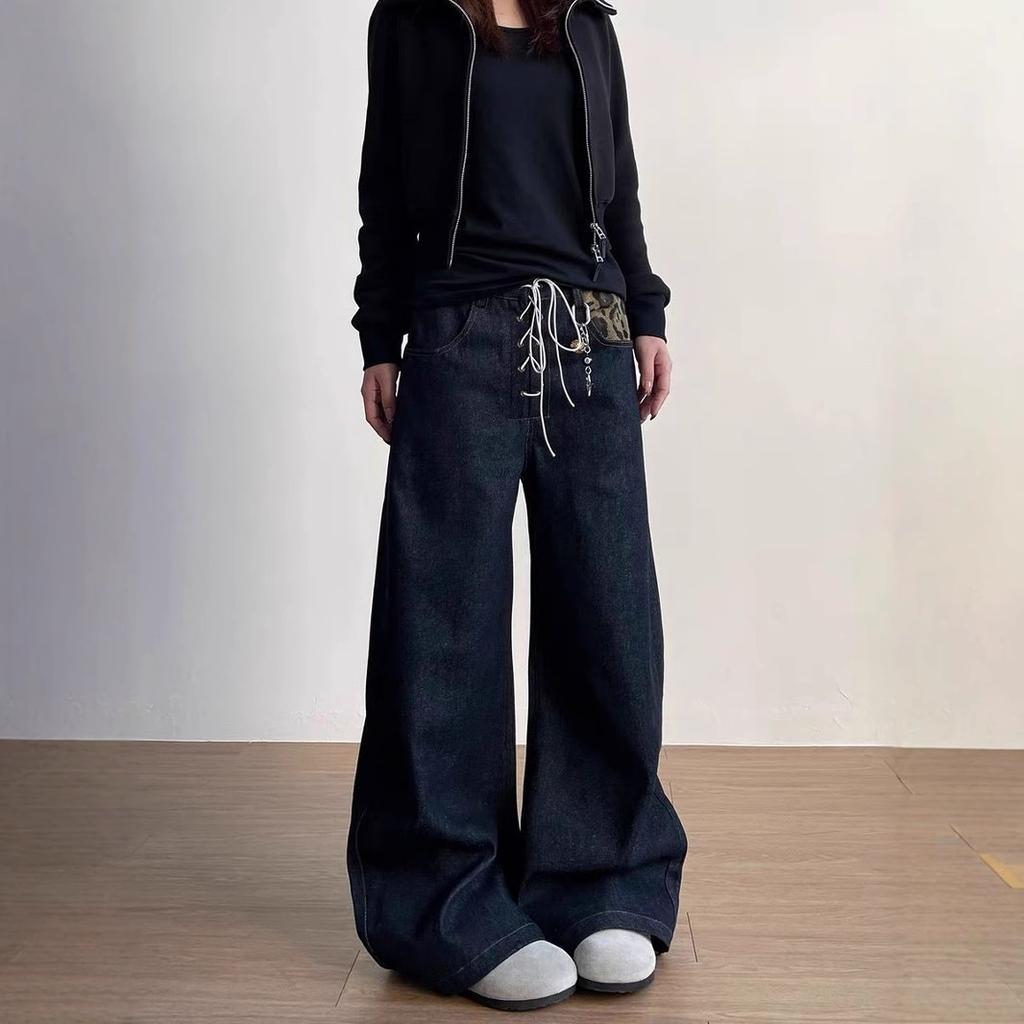 Retro Leopard Print Scimitar Jeans for Women's Spring Strap Design Street Silhouette Wide-leg Floor Pants