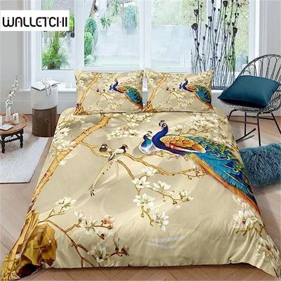Luxury Golden Duvet Cover Peacock Comforter Cover Peacock with Floral Bedding Set for Adults Girls Animals Botanical Bedspread
