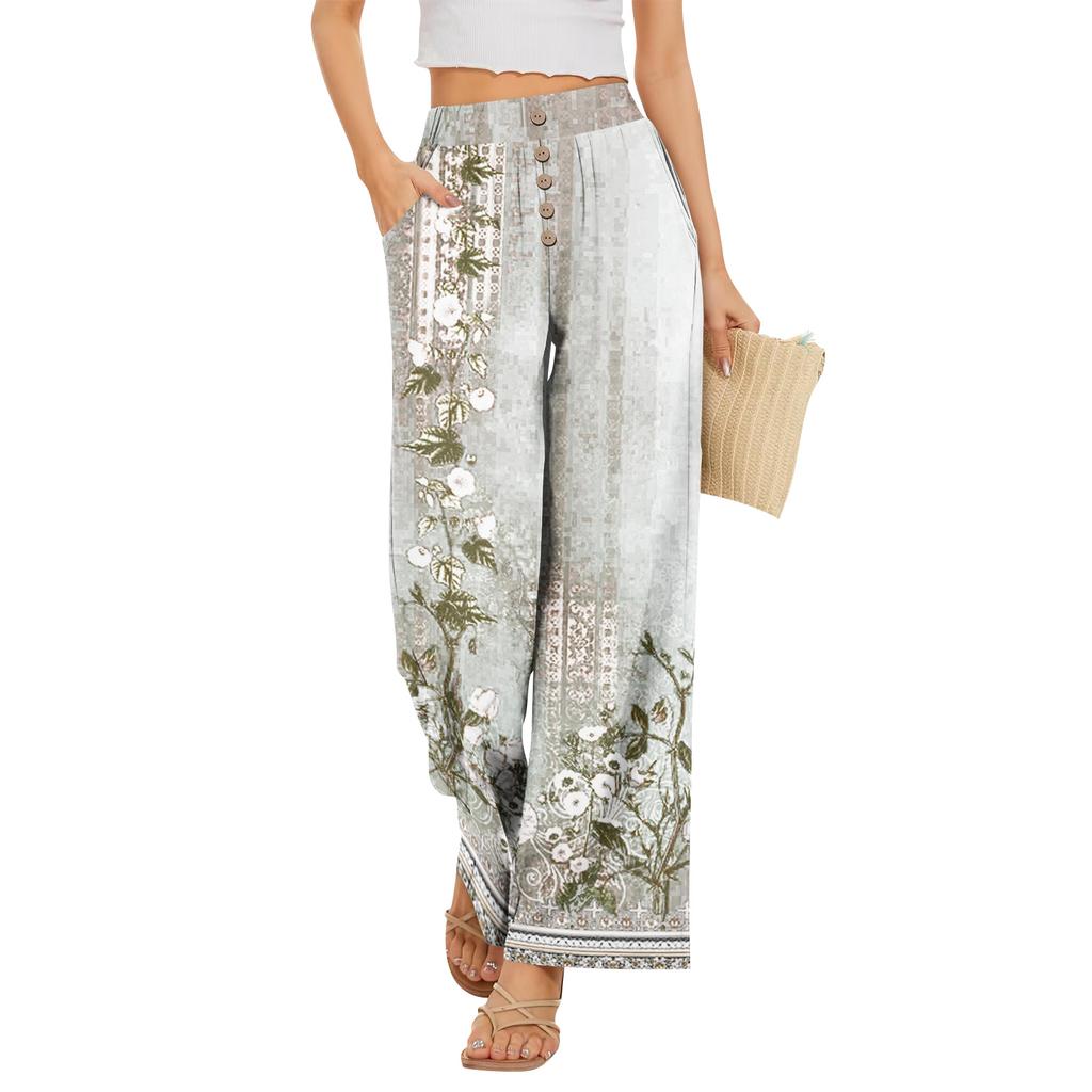 Damen Sommer Boho Palazzo Hose Hohe Taille Weites Bein Blumendruck Freizeithose Mit Taschen