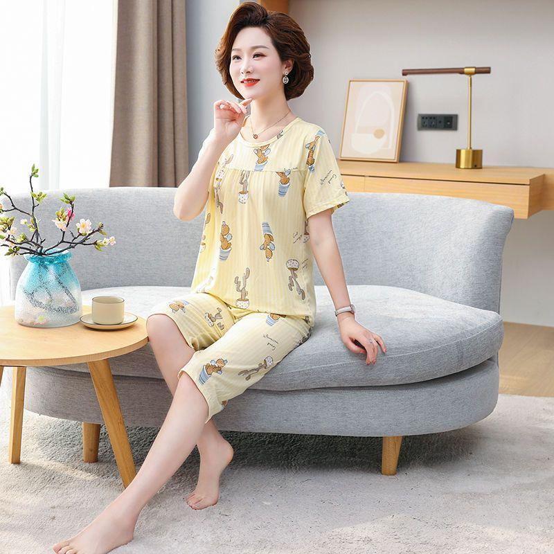 Middle Aged and Elderly Mothers Pajamas Women's Short Sleeved Home Clothing Spring and Autumn Sets Summer Oversized Loose Fitting