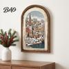 Indoor Christmas Ornament Set Vintage Arched Wooden Photo Frame with Illustration, Retro Distressed Wall Art for Holiday Tabletop Desktop And