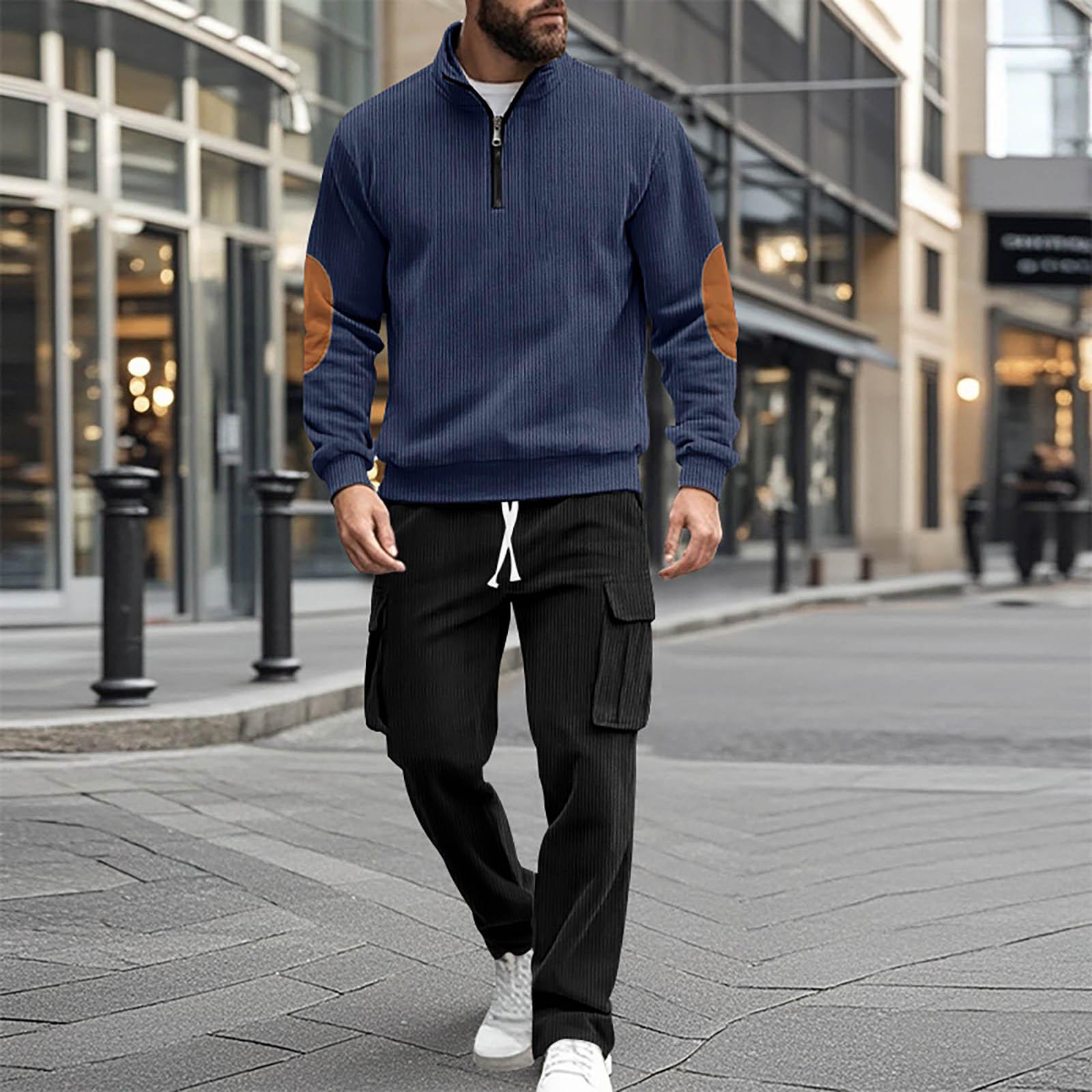 

Однотонный мужской вельветовый повседневный свитер с воротником-стойкой и длинными рукавами, мужской костюм XL тёмно-синий