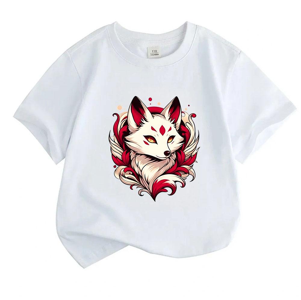 Kids Boys Girls Crew Neck Short Sleeve 100% Cotton T-Shirt, Cute White Mystical Nine Tailed Fox Print Casual Comfortable Tee for Daily Summer Wear