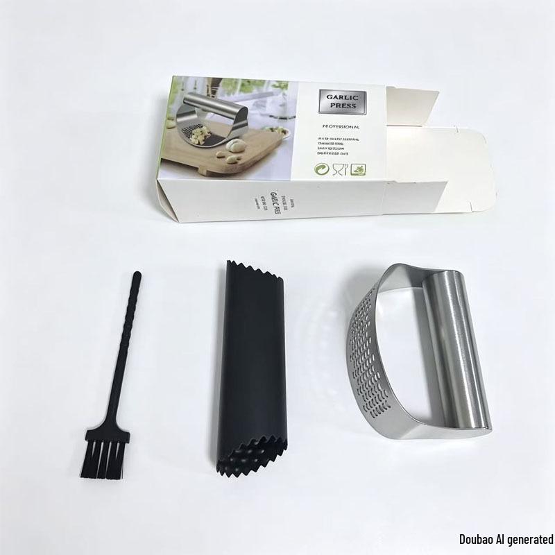 Stainless Steel Garlic Press, Peeler & Masher Tool - Arc-Shaped Crusher & Paste Maker for Kitchen