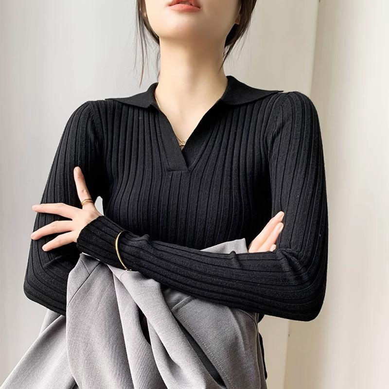 

Lapel bottom knitted sweater women s spring and autumn new inner sweater front shoulder lapel slim top one size fits all чёрный