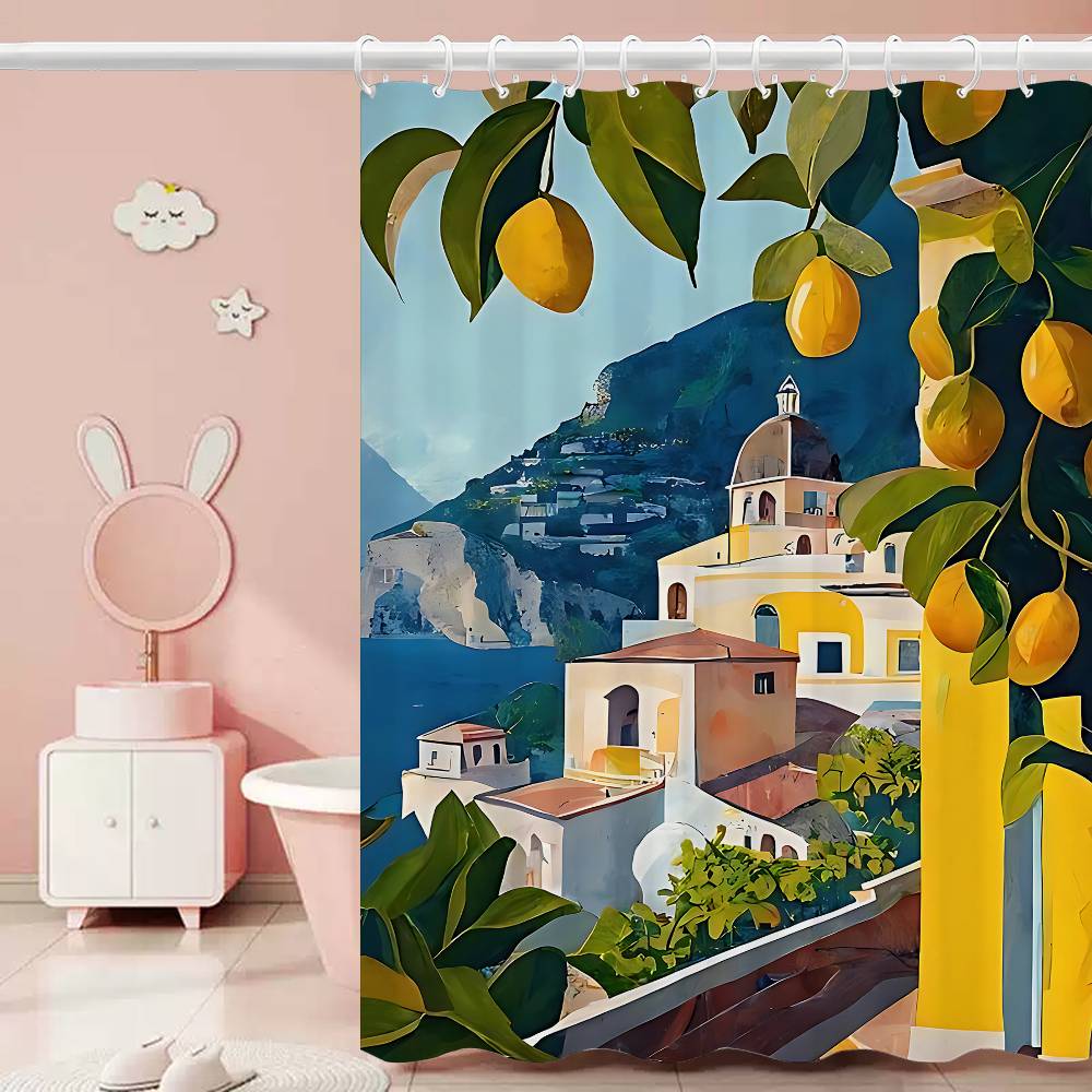 Mediterranean Lemon Cartoon Shower Curtain - Water-Repellent And Leak-Resistant, Mold And Mildew Resistant For