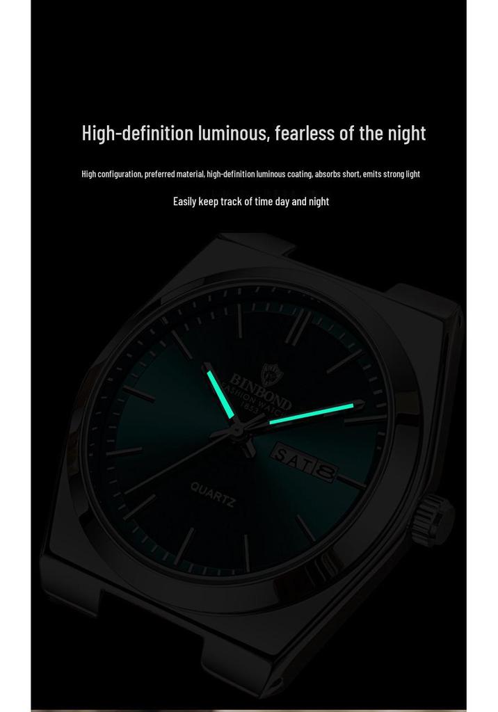 Binbang BINBOND Men's Fashion Stainless Steel Buckle Quartz Watch with Thin Double Calendar - Business Casual Style