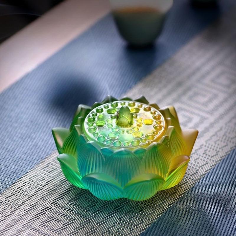 

Large Art Glass Incense Burner for Cone Coil Stick Incense with Lotus Design Home Decor Meditation Zen Yoga Aromatherapy Gift зелений