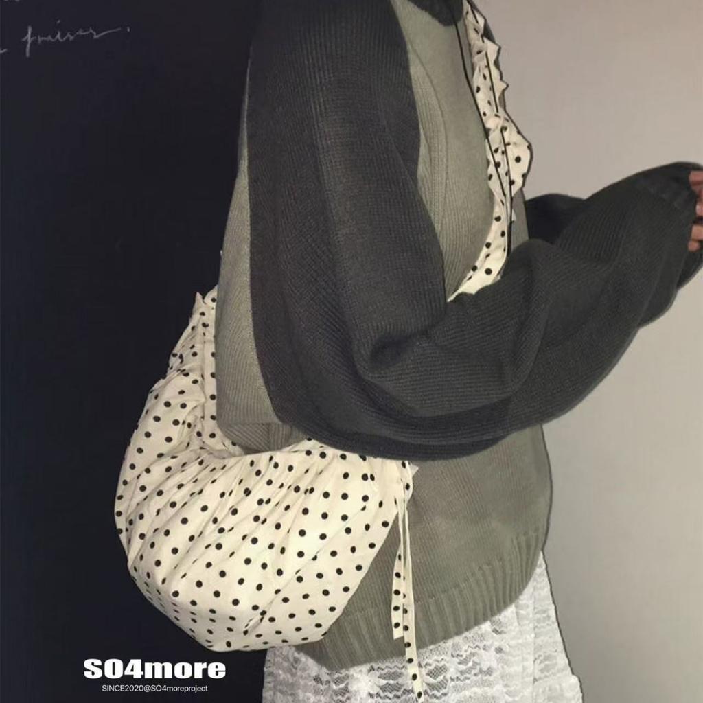 Vintage Polka Dot Niche Cute Lace-up Pleated Shoulder Crescent Saddle Bag Versatile Messenger Handbag