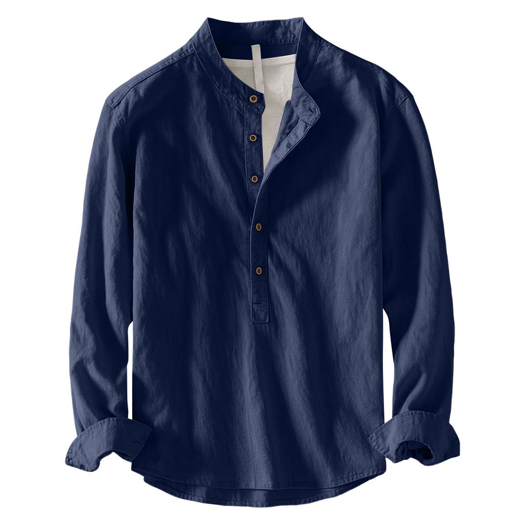 Men's Long Sleeve Slub Linen Pullover Shirt Casual Buttonless Top for Spring and Fall