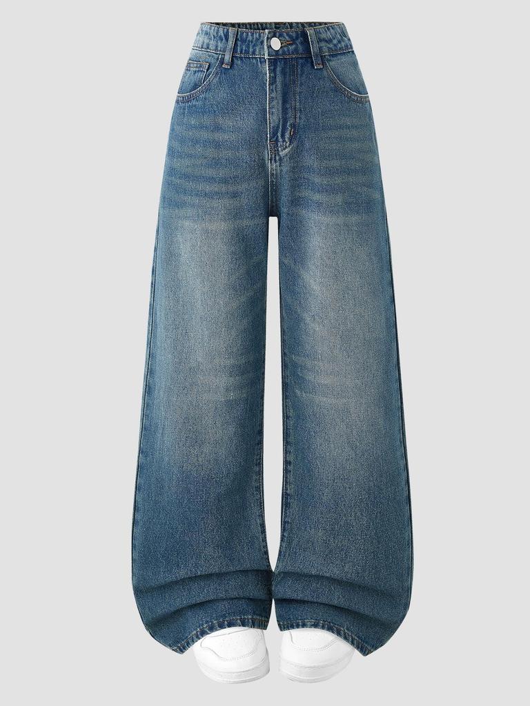 Teen Girls' Adjustable Waist High-Waisted Wide-Leg Jeans - Simple Design