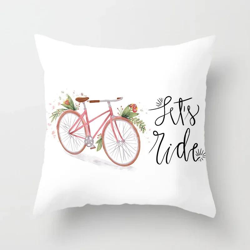 Kissenbezug für Wohnzimmer und Schlafzimmer, Polyester-Kissenbezug mit Blumen- und Fahrradmuster, Kissenbezug, Funda de Almohada