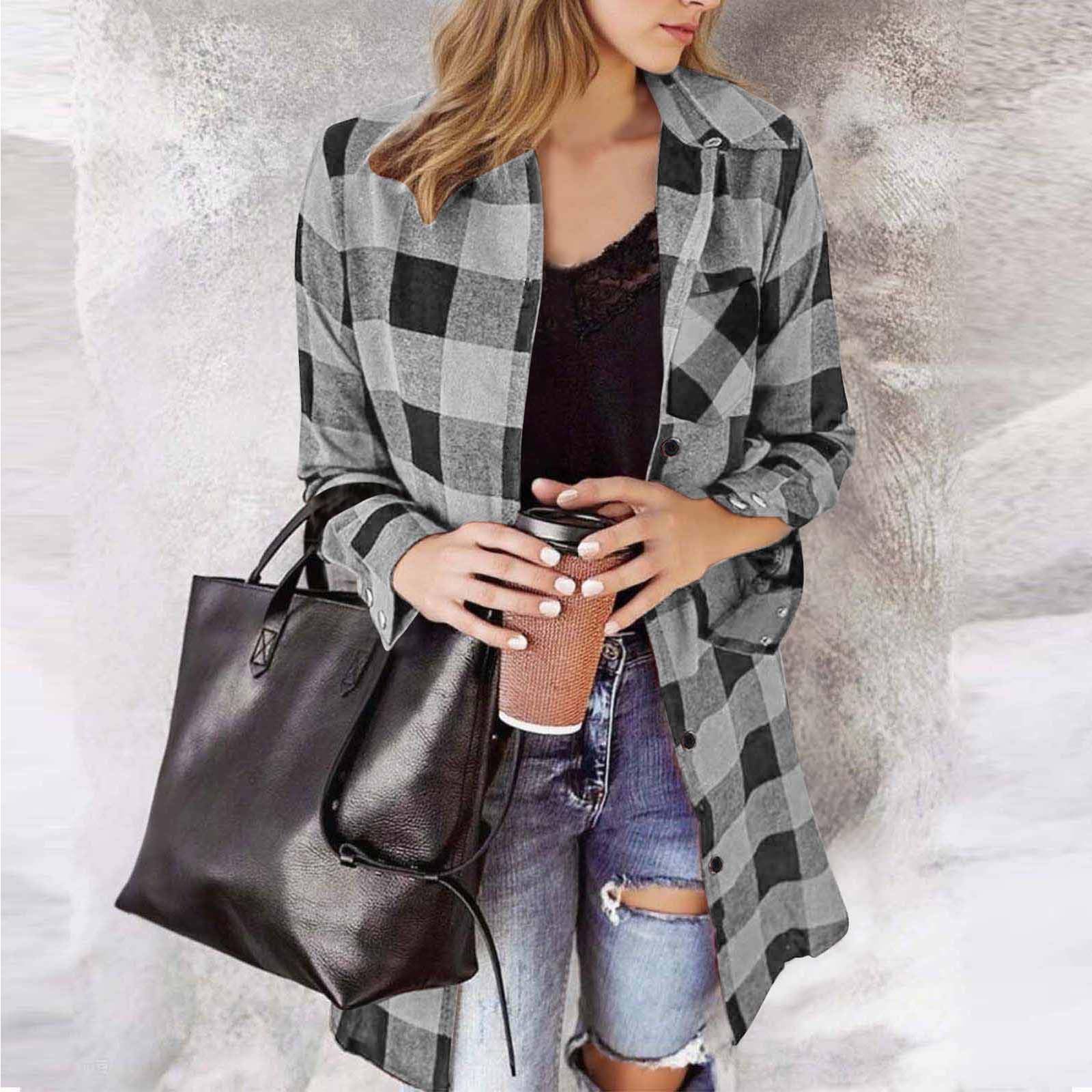 

Women s Casual Long Sleeve Plaid Shirt Loose Fit Top XXL білий