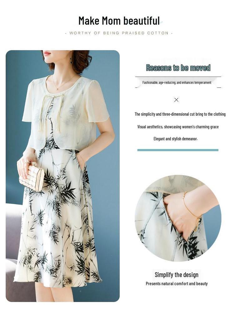 Elegant Summer Chiffon Skirt Set: Short-Sleeve Dress for Mature Women