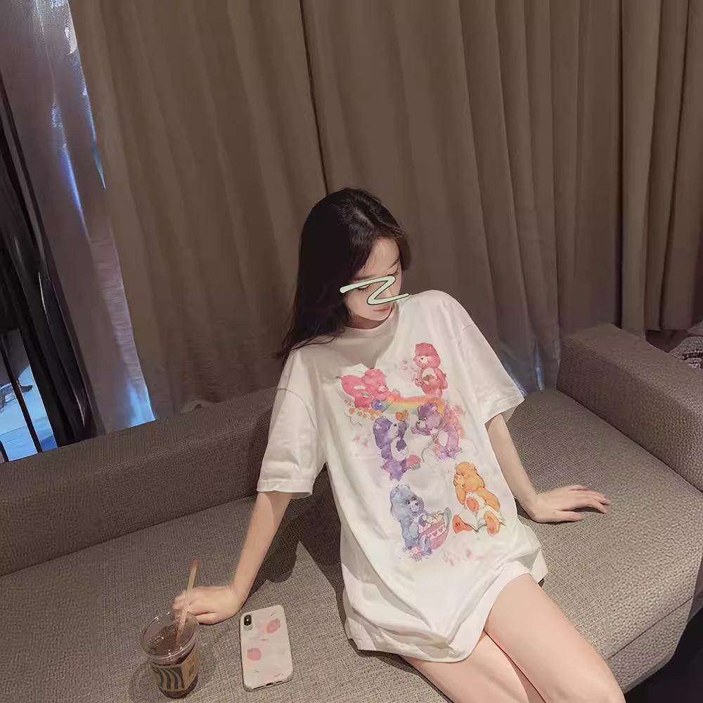 Women's Round Neck Short Sleeve Tee Loose Fit Cartoon Rainbow Bear Printed T-Shirt Cotton Summer Casual Mid Length Top