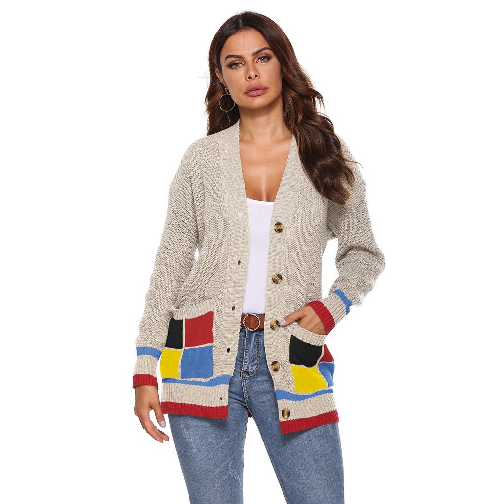 Autumn and Winter Women's Thickened Cardigan Colour Blocking Pockets Single-breasted V-neck Casual Jumper