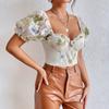 Street Backless Puff Sleeve Sexy Shirt Women with Steel Ring Fishbone Vintage Slim Fit Sexy Crop Tops for Women Print Elegant Blouses 24441