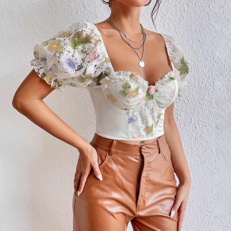 Street Backless Puff Sleeve Sexy Shirt Women with Steel Ring Fishbone Vintage Slim Fit Sexy Crop Tops for Women Print Elegant Blouses 24441
