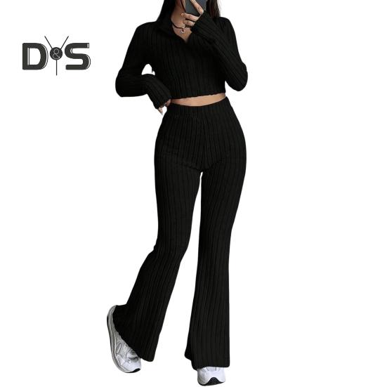 

2 шт./комплект женский весенний наряд для поездок на работу топ расклешенные брюки комплект застежка-молния воротник стойка пальто высокая талия спортивный костюм эластичная повседневная одежда M чёрный