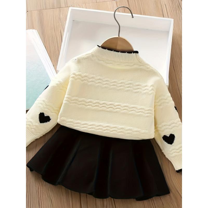 2024 Autumn/Winter New Girls' Korean-Style Sweater Set - Stylish Baby Heart Knit Two-Piece (Trendy Design), for Outdoor