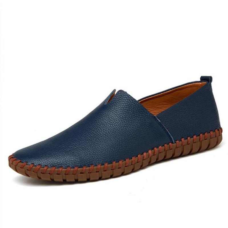 Genuine Cow Leather Mens Loafers Fashion Handmade Moccasins Soft Leather Blue Slip On Men's Boat Shoe PLUS SIZE 38~46