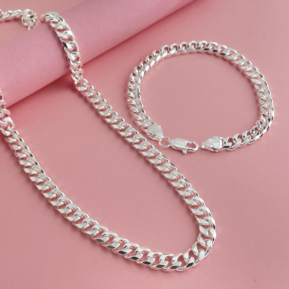 925 Sterling Silver Jewelry Fashion Trend 6mm Sideways Cuban Necklace Bracelet Set Birthday Party Anniversary Gift