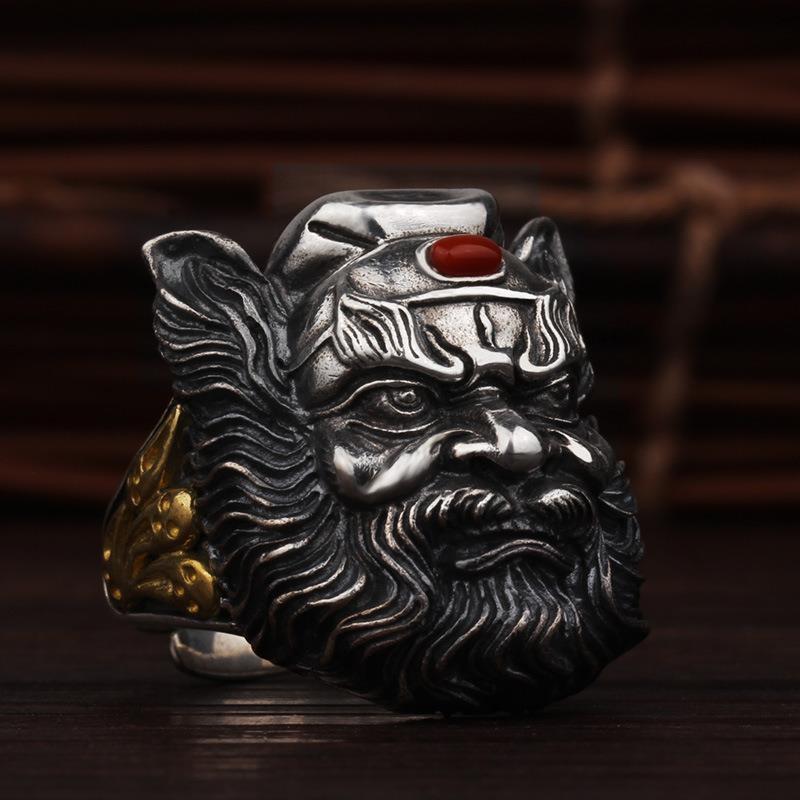 Adjustable Open Ring Men Women Vintage Chinese Folk Art Zhong Kui Demon Hunter Statement Copper Electroplated