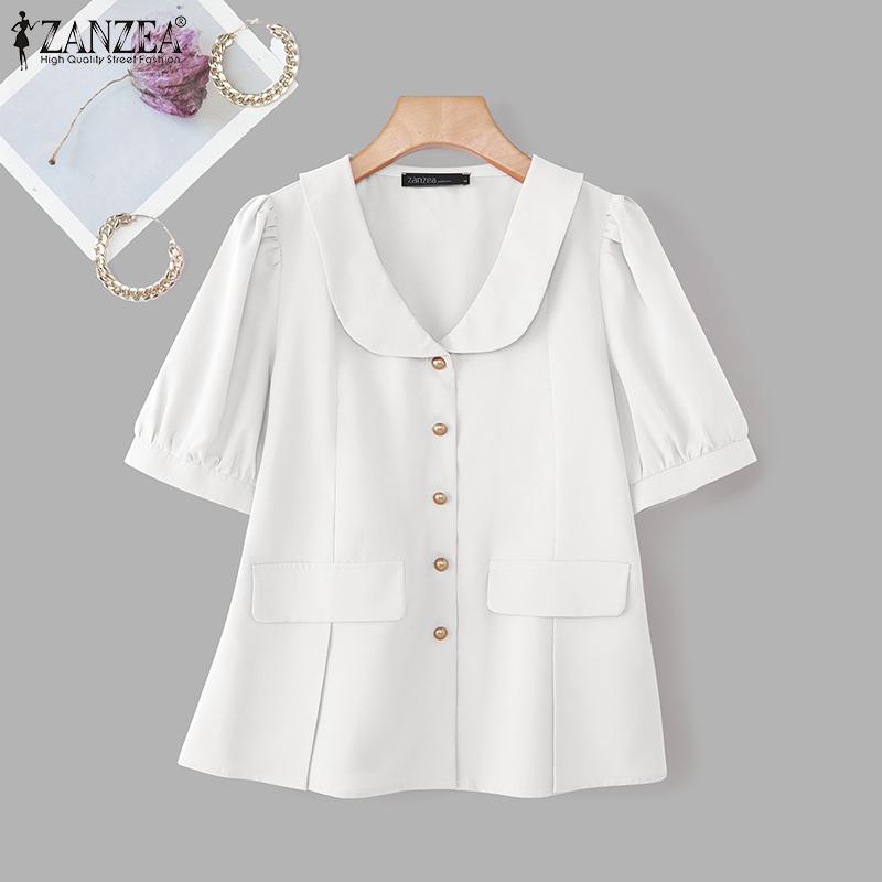 ZANZEA Women Casual Lapel Neck Short Sleeve Solid Color Office Short Blouse