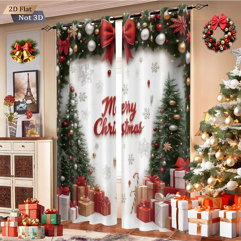 Set Of 2 Happy Christmas Tree Printed Perforated Curtains Multi Size Living Room Insulation Festival Decoration Curtain With Light Blocking Polyester
