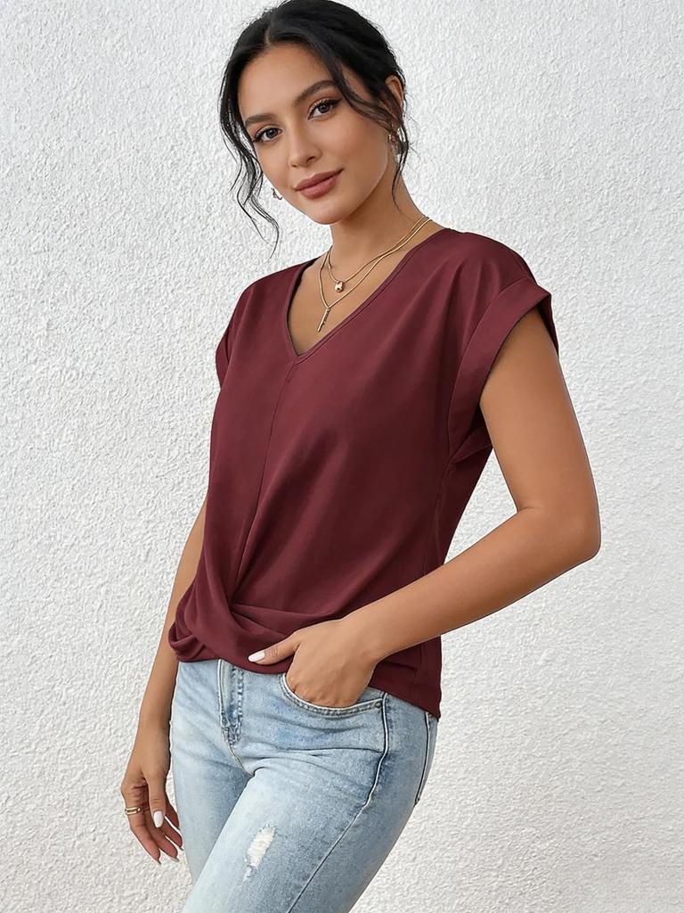 2026 Hot Sale Women's Solid Color V-neck T-shirt, Elegant Short-sleeved Top for Spring/Summer, European American Style