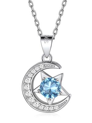 [FindChic] Women's Birthstone Aquamarine Necklace with Moissanite, Long, Sterling Silver 925, Rust-proof, Star and Moon Pendant, Hypoallergenic,