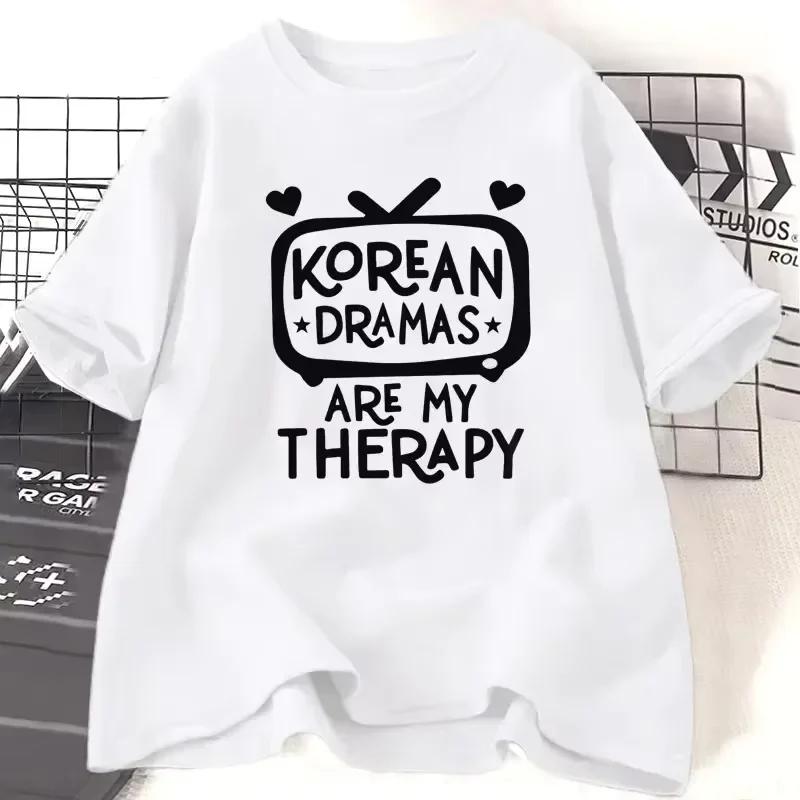 

Korean Dramas Are My Relax Graphic Unisex Women Y2K TShirt White Short Sleeve Crew Neck Casual Top with TV Hearts Design Tops 4XL
