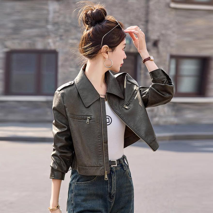 Design Leather Jacket Short Coat Women's Spring and Autumn New Thin Small Locomotive Leather Jacket Top