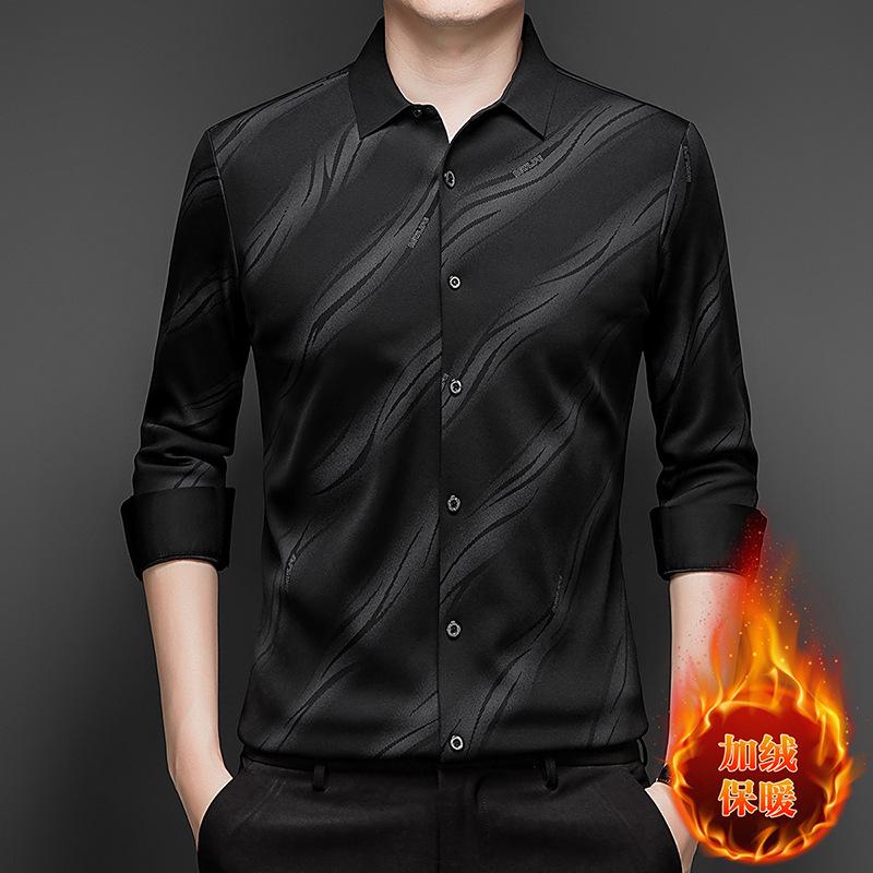 Striped Shirt Winter Middle-Aged & Young Lapel Collar Casual M черный серый