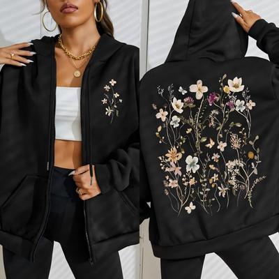 Schöne Blumenbüschel Druck Damen Reißverschluss Hoodie Vintage All-Match Hoodies Street Streetwear Herbst Trainingsanzug
