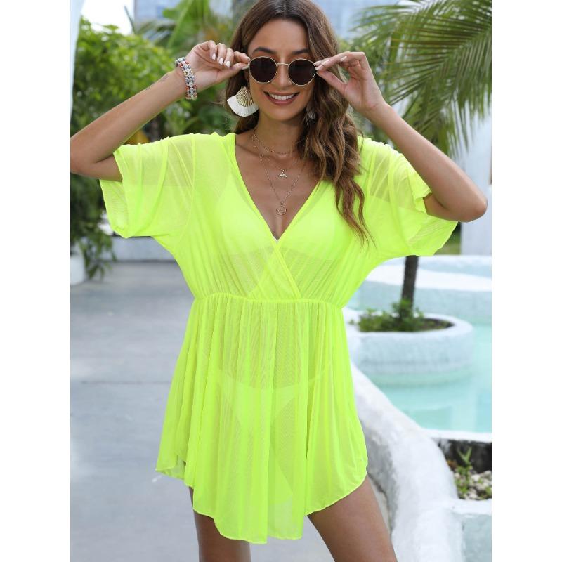 Women's See Through Mesh Deep V Irregular Waist Waist Beach Bikini Smock Dress