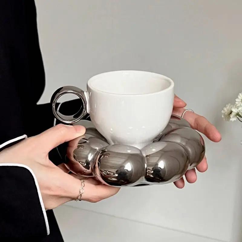 Ceramic Sunflower Mug Sets Creative Cloud Coffee Mug Cute Saucer Exquisite Afternoon Tea Cup Office Drinkware Home Decorations 200ml
