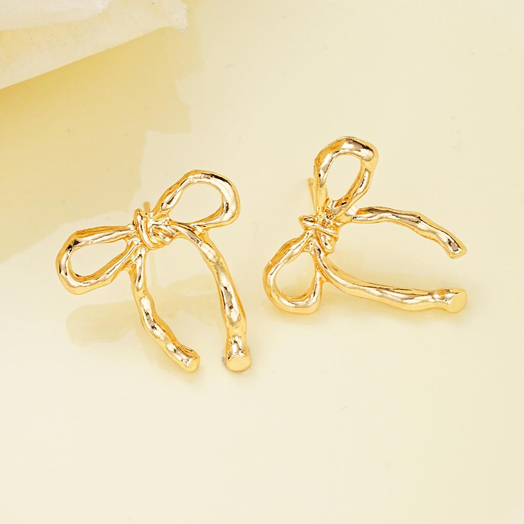 Simple Gold Color Sweet Bow Knot Earrings for Women Vintage Elegant Piercing Ear Accessories Fashion Female Party Jewelry Gifts