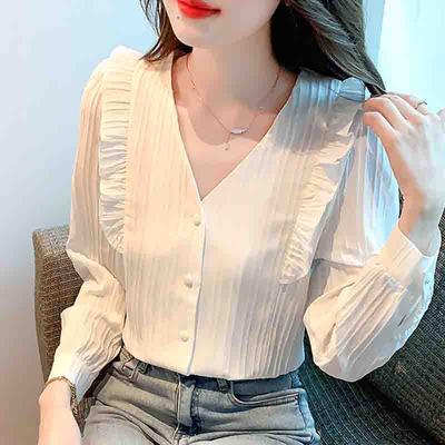 Fashion New 2024 Autumn Long Sleeve Ruffles V-Neck White Blouse Shirt Women Tops Blouses Shirts J559