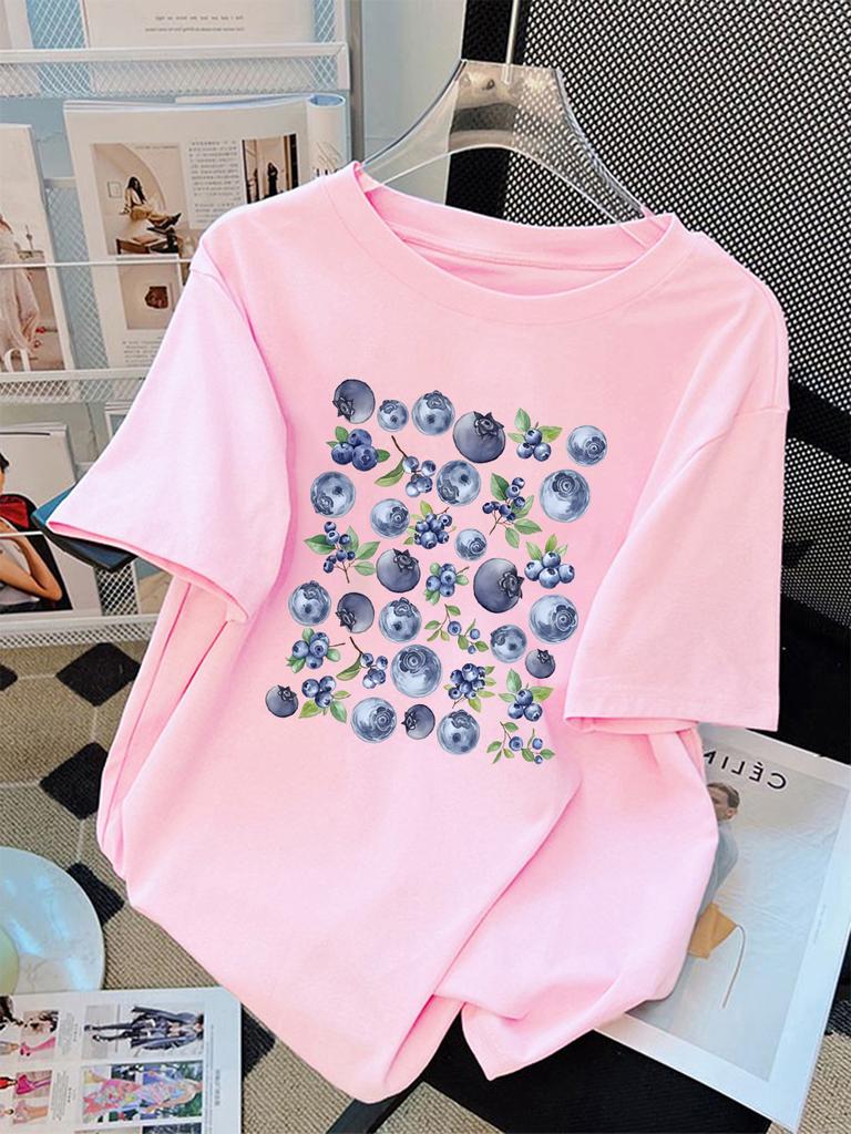 100 Cotton Summer TShirts Womens Fresh Blueberry Fruits Printing Tops Soft Loose ONeck T Shirt Holiday Casual Womans Clothes