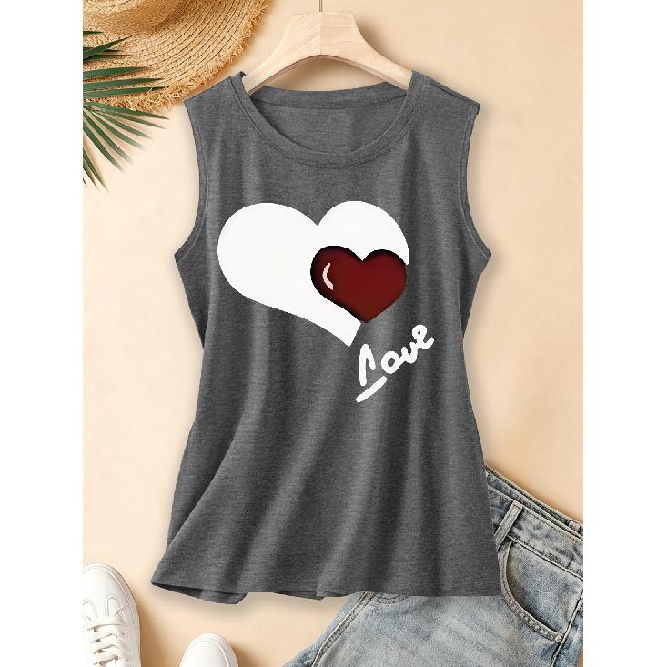 2026 Vintage Double Layer Heart LOVE Hand Painted Print Women Sleeveless Vest Round Neck Daily Commute Spring Summer Autumn Tank Top