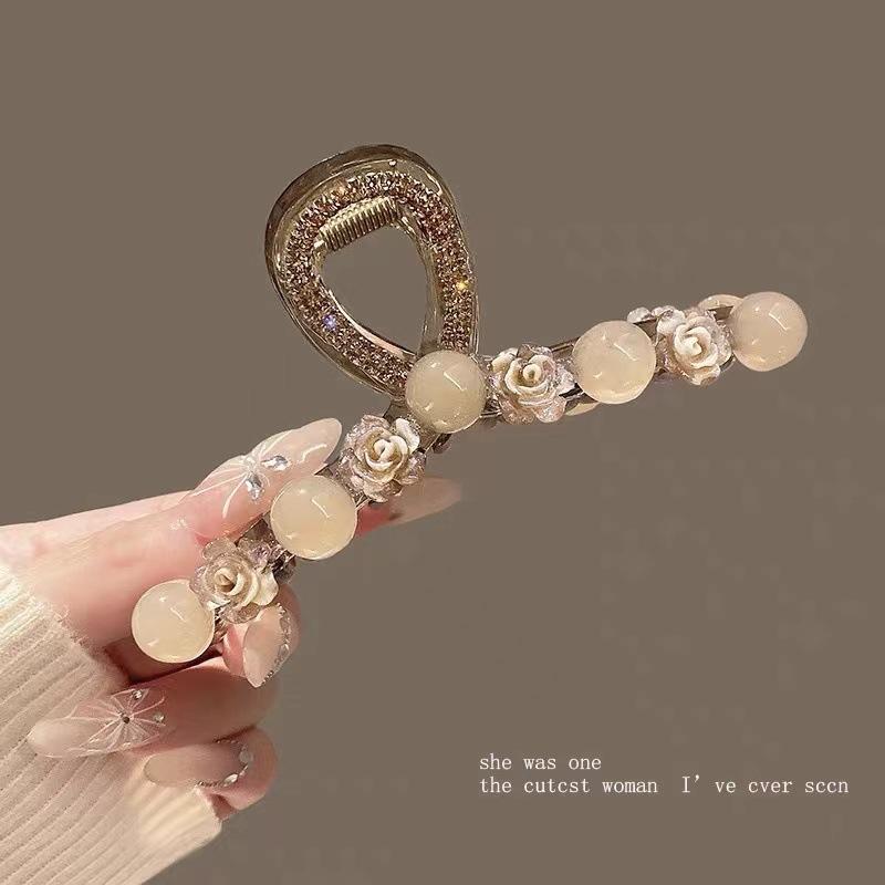 Acrylic Camellia Flower Rhinestone Hair Clip Women's Premium Feeling Light Luxury Pearl Shark Clip Girl Hair Accessories