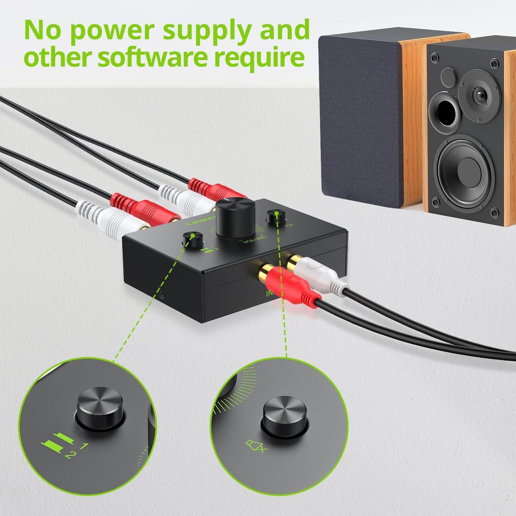 LiNKFOR Stereo Audio 2 Output 1 Bidirectional RCA Stereo Audio No Power Supply RCA Cable Compatible with DVD Stereo CD R/L Switcher, Inputs/1 /
