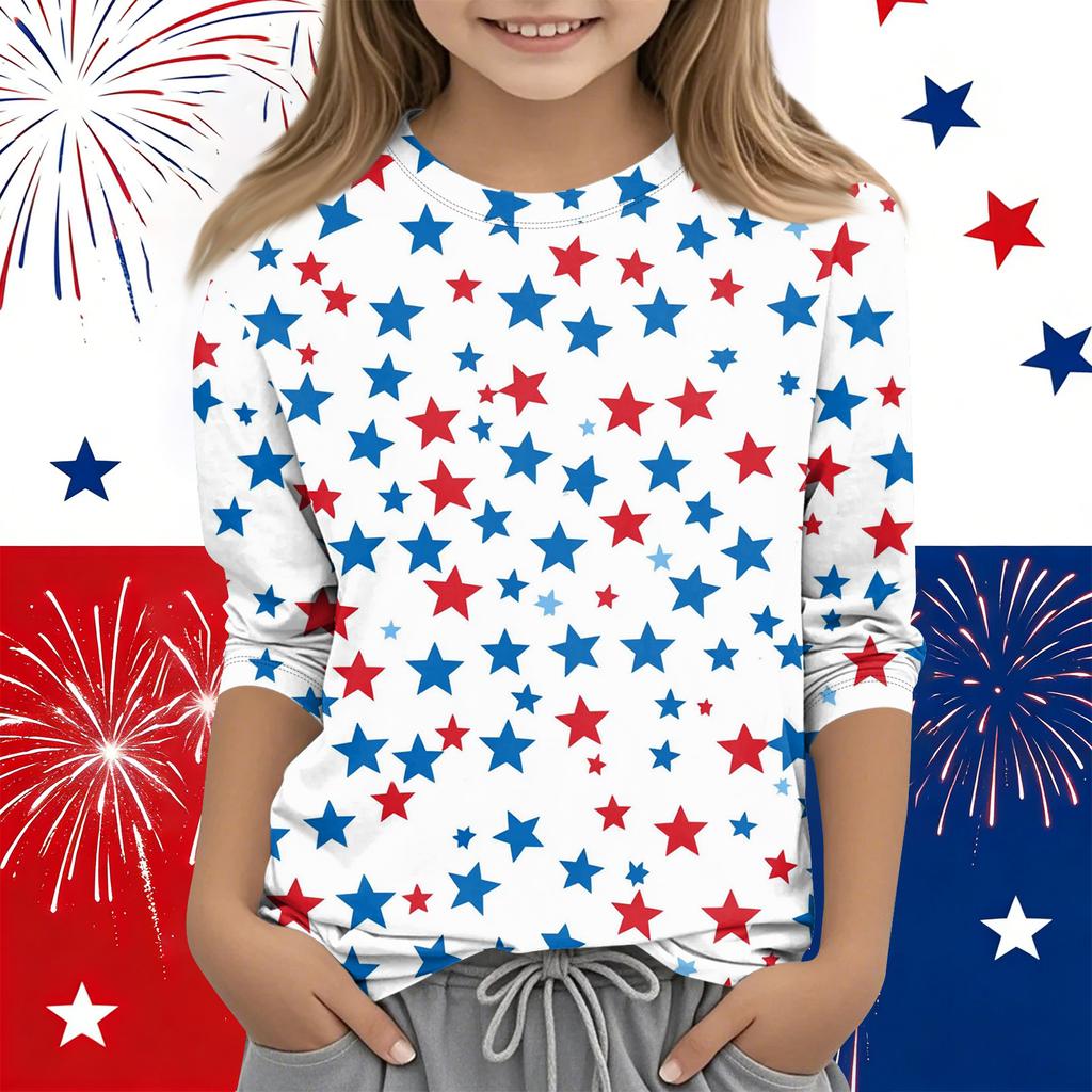 Print Tops For Youth Girls Round Neck 3/4 Sleeves T-Shirts Trendy Tops Outfit Tees Independence Day