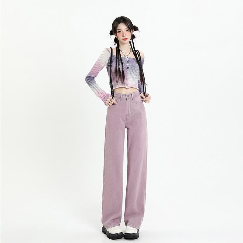 Women's High Waist Dirty Pink Wide-Leg Jeans - Slim and Loose Fit, Early Autumn 2024