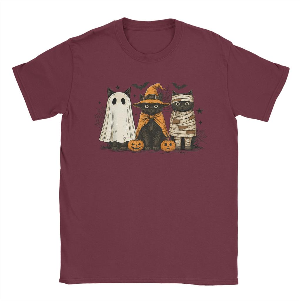 Men T-Shirt Retro Black Cat Witch Scary Halloween Pumpkin Novelty Pure Cotton Tees Short Sleeve T Shirts Clothes Printing