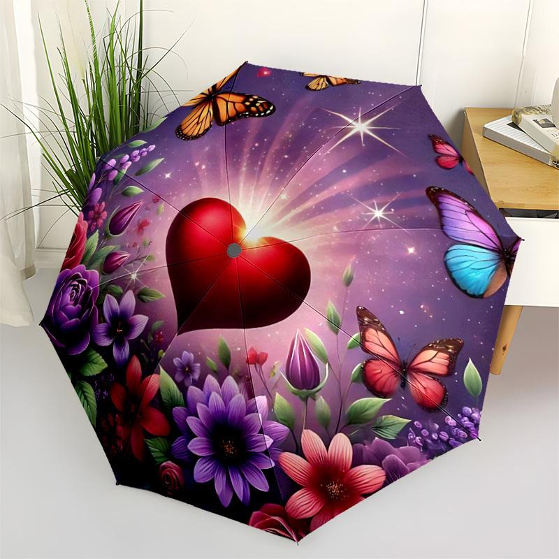 

1pc Heart Butterflies Flowers Automatic Opening/Closing Folding Umbrella with 8 Ribs, Plastic Handle, Windproof Portable Sunshade Umbrella yy251222183
